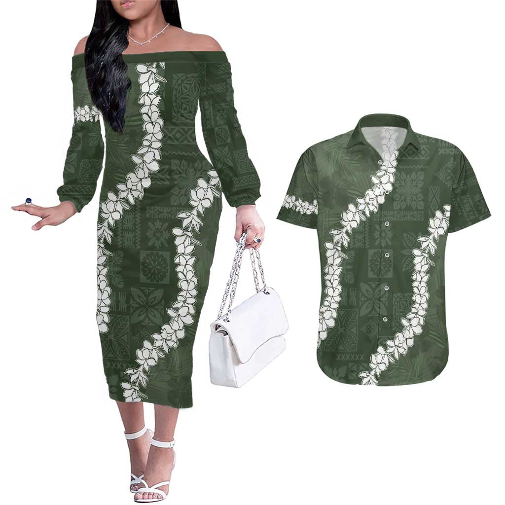 Hawaii Aloha Couples Matching Off The Shoulder Long Sleeve Dress and Hawaiian Shirt Sage Quilt Patch Work Mix Plumeria Lei LT7 Sage - Polynesian Pride