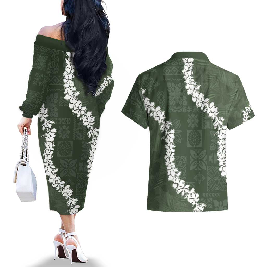 Hawaii Aloha Couples Matching Off The Shoulder Long Sleeve Dress and Hawaiian Shirt Sage Quilt Patch Work Mix Plumeria Lei LT7 - Polynesian Pride