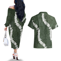 Hawaii Aloha Couples Matching Off The Shoulder Long Sleeve Dress and Hawaiian Shirt Sage Quilt Patch Work Mix Plumeria Lei LT7 - Polynesian Pride
