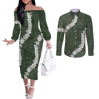Hawaii Aloha Couples Matching Off The Shoulder Long Sleeve Dress and Long Sleeve Button Shirt Sage Quilt Patch Work Mix Plumeria Lei LT7 Sage - Polynesian Pride