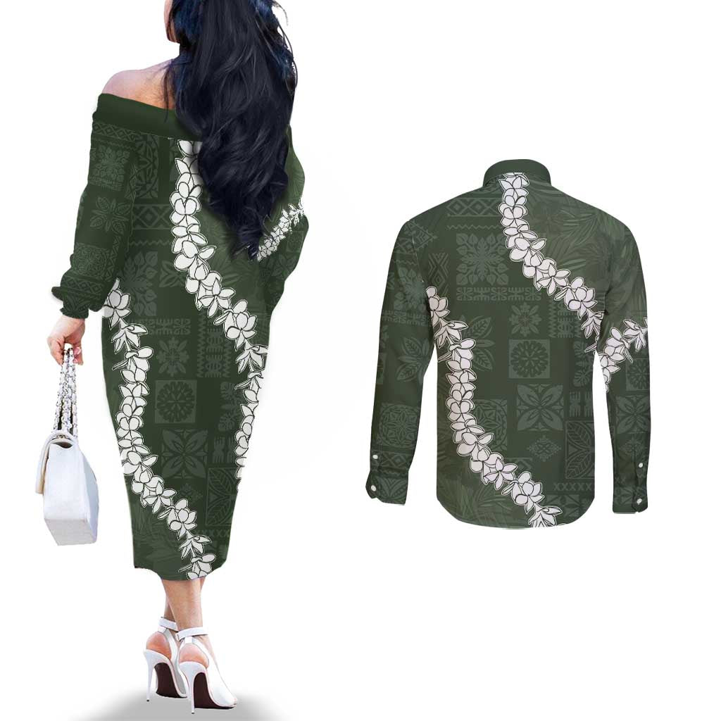 Hawaii Aloha Couples Matching Off The Shoulder Long Sleeve Dress and Long Sleeve Button Shirt Sage Quilt Patch Work Mix Plumeria Lei LT7 - Polynesian Pride