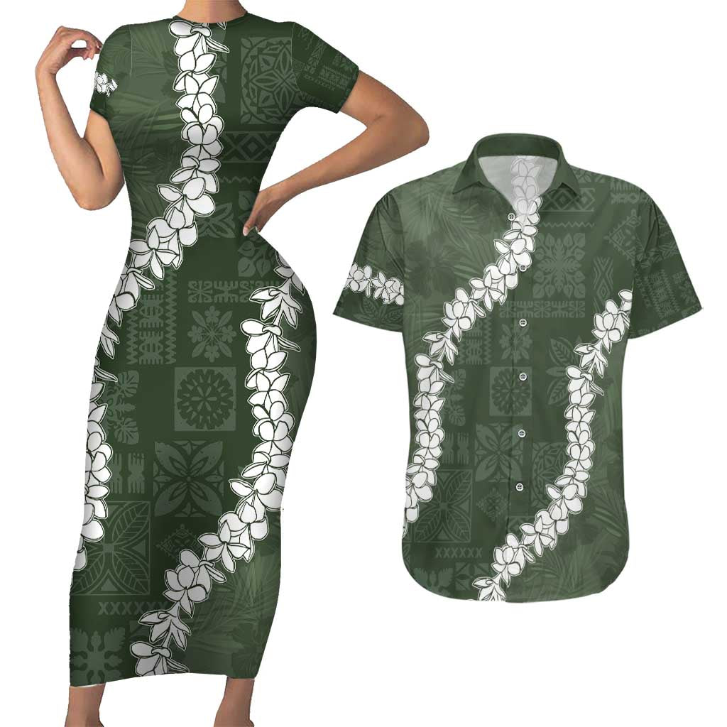 Hawaii Aloha Couples Matching Short Sleeve Bodycon Dress and Hawaiian Shirt Sage Quilt Patch Work Mix Plumeria Lei LT7 Sage - Polynesian Pride