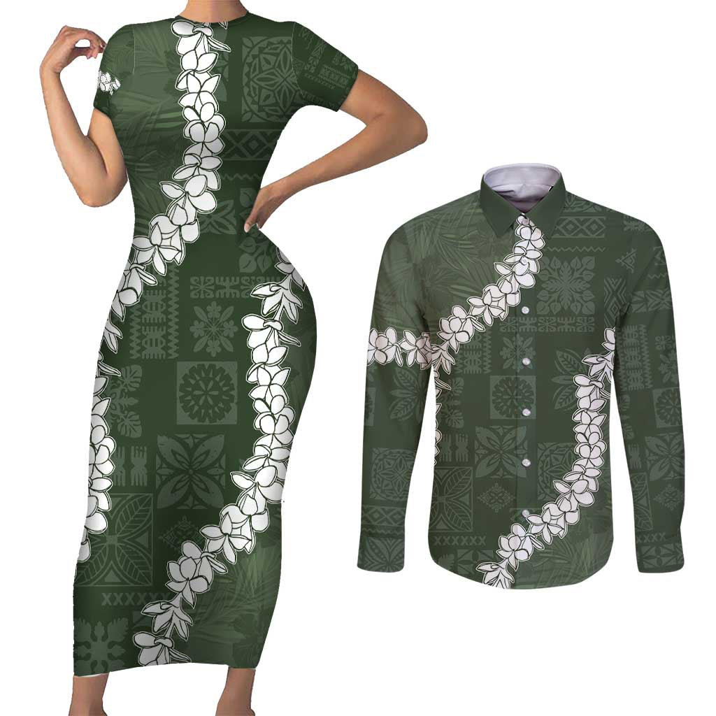 Hawaii Aloha Couples Matching Short Sleeve Bodycon Dress and Long Sleeve Button Shirt Sage Quilt Patch Work Mix Plumeria Lei LT7 Sage - Polynesian Pride