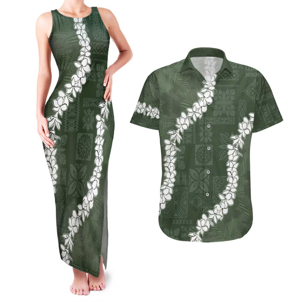 Hawaii Aloha Couples Matching Tank Maxi Dress and Hawaiian Shirt Sage Quilt Patch Work Mix Plumeria Lei LT7 Sage - Polynesian Pride