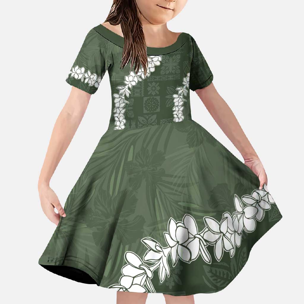 Hawaii Aloha Family Matching Mermaid Dress and Hawaiian Shirt Sage Quilt Patch Work Mix Plumeria Lei LT7 Daughter's Dress Sage - Polynesian Pride