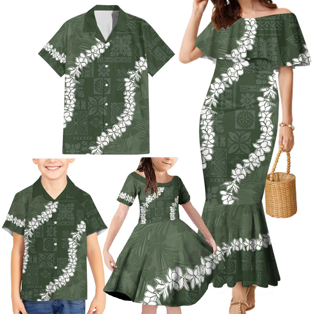 Hawaii Aloha Family Matching Mermaid Dress and Hawaiian Shirt Sage Quilt Patch Work Mix Plumeria Lei LT7 - Polynesian Pride