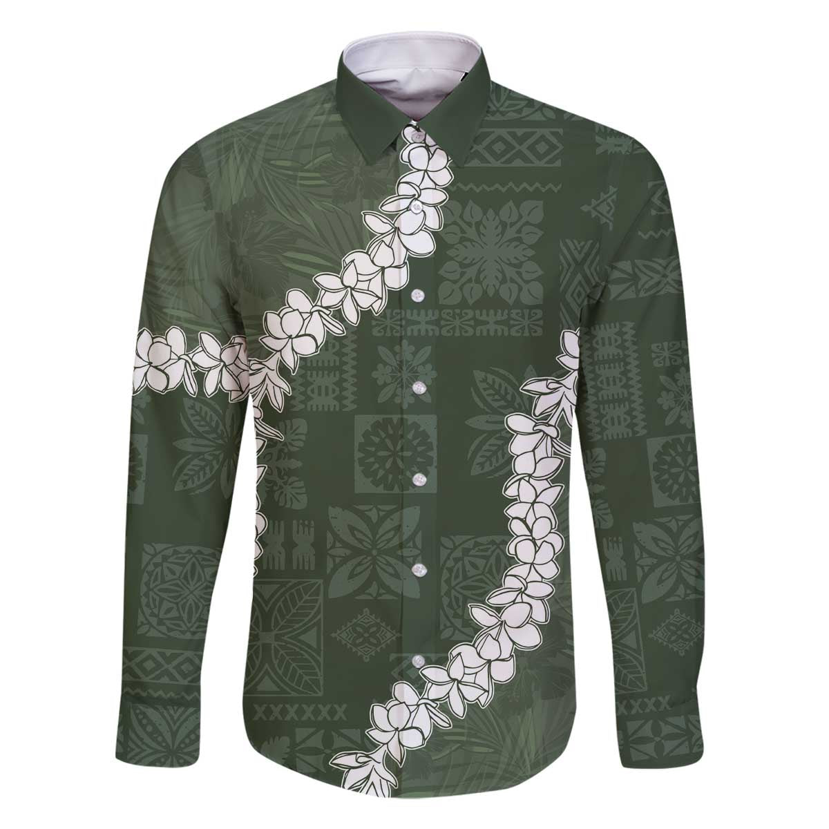 Hawaii Aloha Family Matching Off The Shoulder Long Sleeve Dress and Hawaiian Shirt Sage Quilt Patch Work Mix Plumeria Lei LT7 Dad's Shirt - Long Sleeve Sage - Polynesian Pride