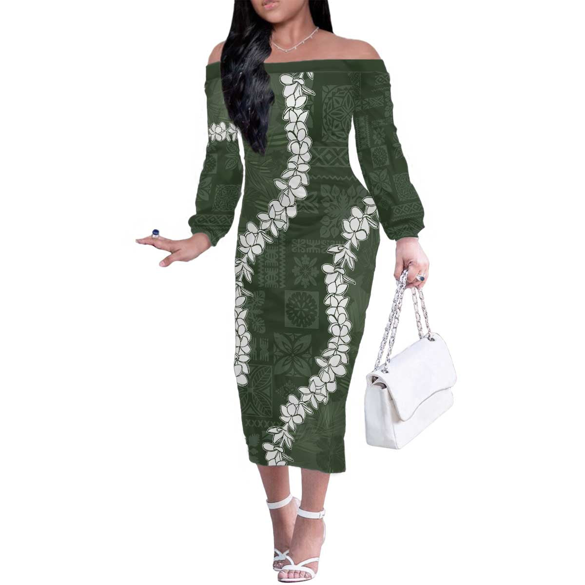 Hawaii Aloha Family Matching Off The Shoulder Long Sleeve Dress and Hawaiian Shirt Sage Quilt Patch Work Mix Plumeria Lei LT7 Mom's Dress Sage - Polynesian Pride