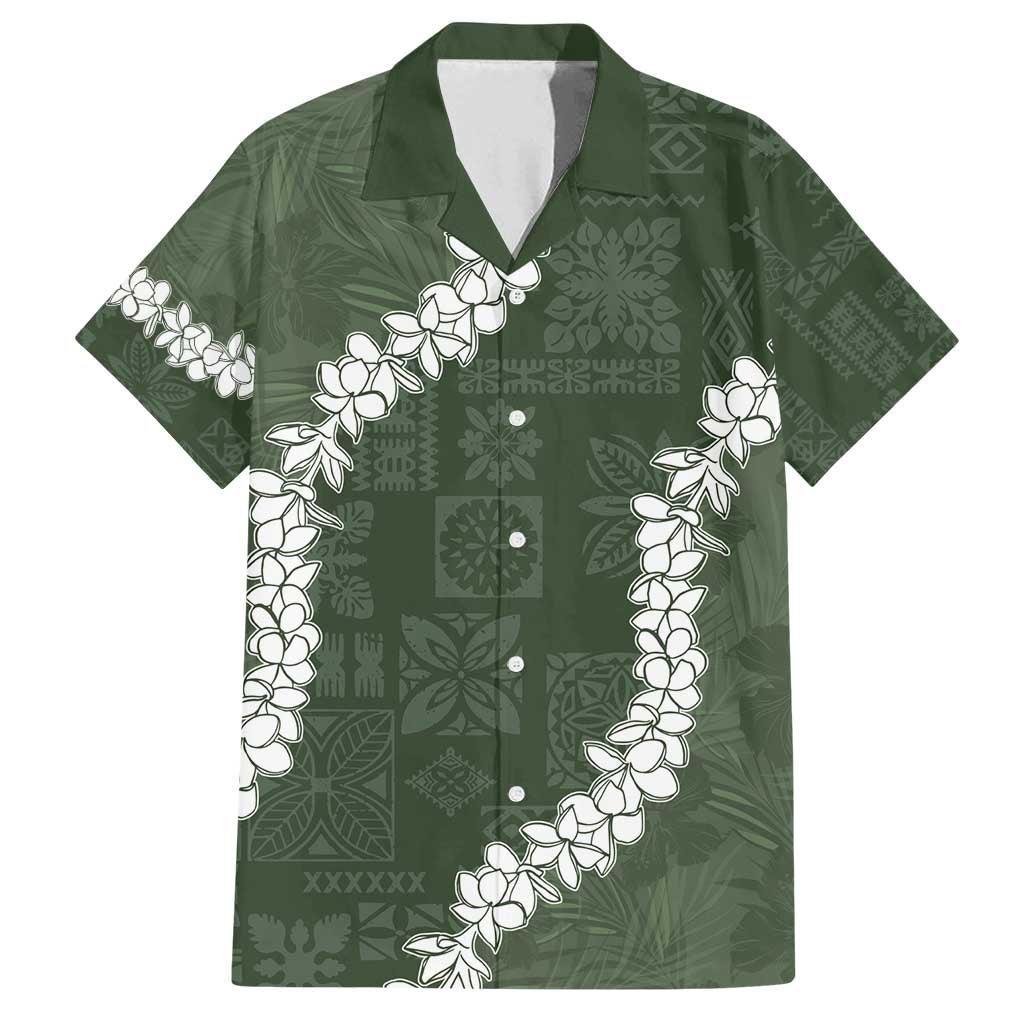 Hawaii Aloha Family Matching Off Shoulder Maxi Dress and Hawaiian Shirt Sage Quilt Patch Work Mix Plumeria Lei LT7 Dad's Shirt - Short Sleeve Sage - Polynesian Pride