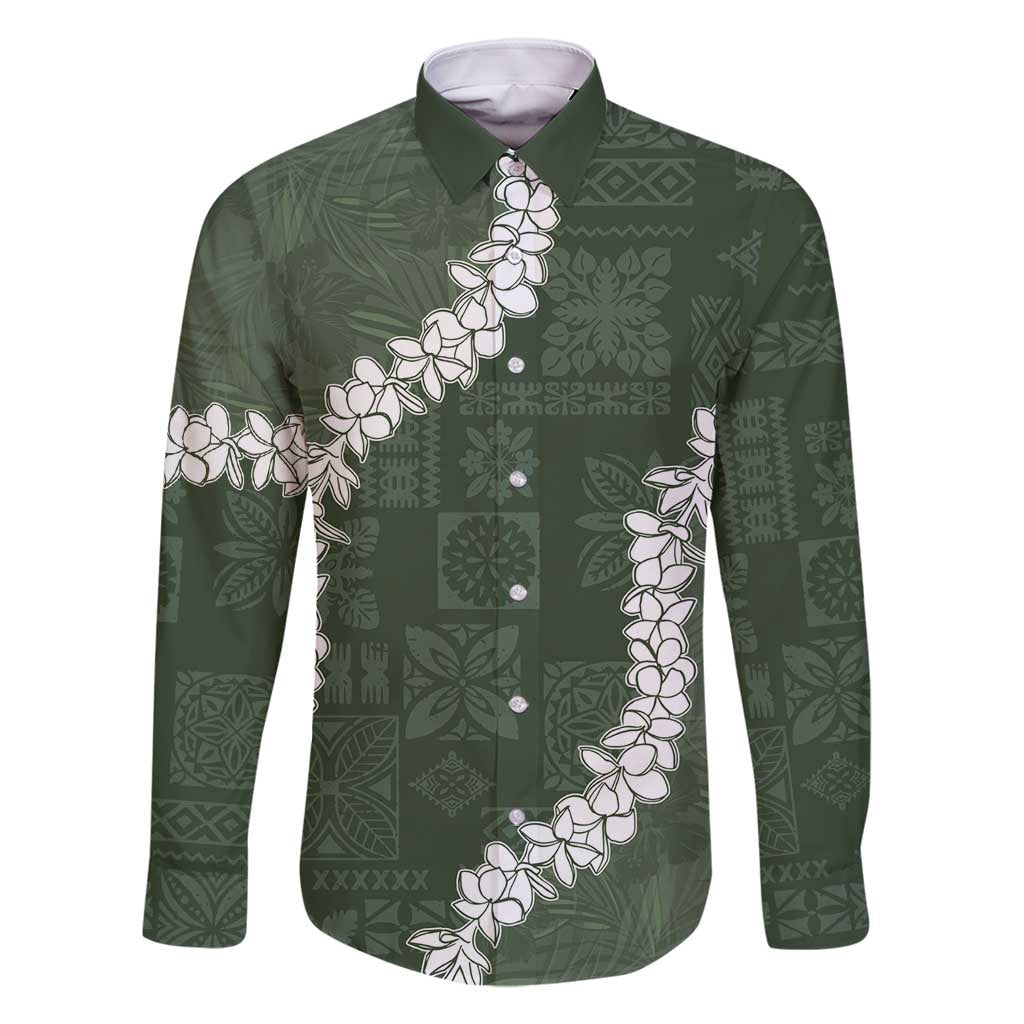 Hawaii Aloha Family Matching Off Shoulder Maxi Dress and Hawaiian Shirt Sage Quilt Patch Work Mix Plumeria Lei LT7 Dad's Shirt - Long Sleeve Sage - Polynesian Pride
