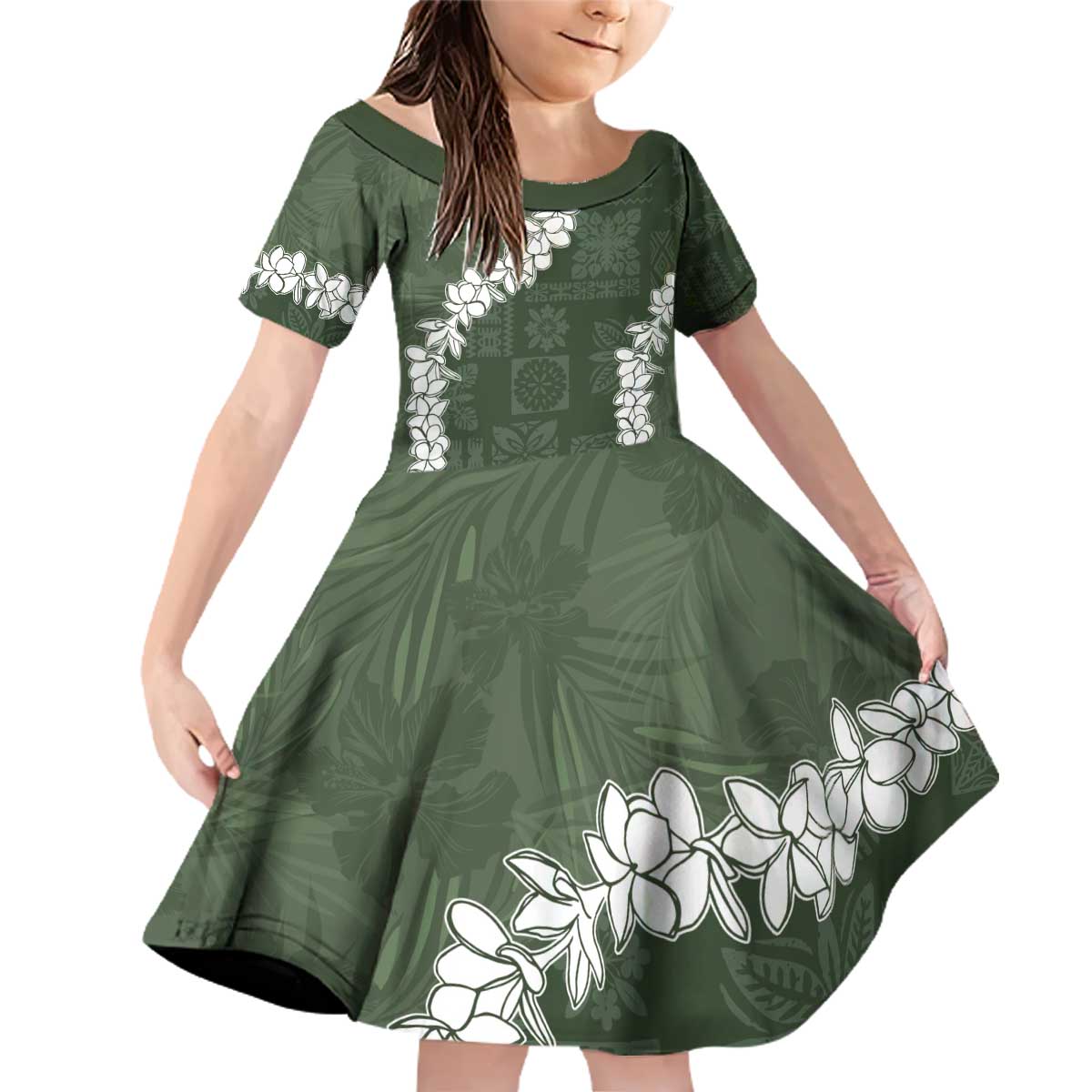 Hawaii Aloha Family Matching Off Shoulder Short Dress and Hawaiian Shirt Sage Quilt Patch Work Mix Plumeria Lei LT7 Daughter's Dress Sage - Polynesian Pride