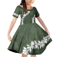 Hawaii Aloha Family Matching Off Shoulder Short Dress and Hawaiian Shirt Sage Quilt Patch Work Mix Plumeria Lei LT7 Daughter's Dress Sage - Polynesian Pride