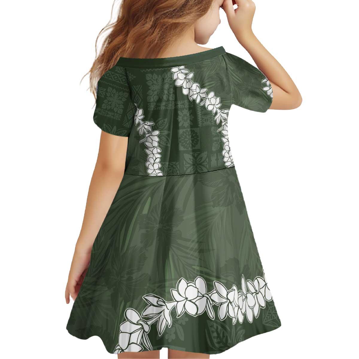 Hawaii Aloha Family Matching Off Shoulder Short Dress and Hawaiian Shirt Sage Quilt Patch Work Mix Plumeria Lei LT7 - Polynesian Pride