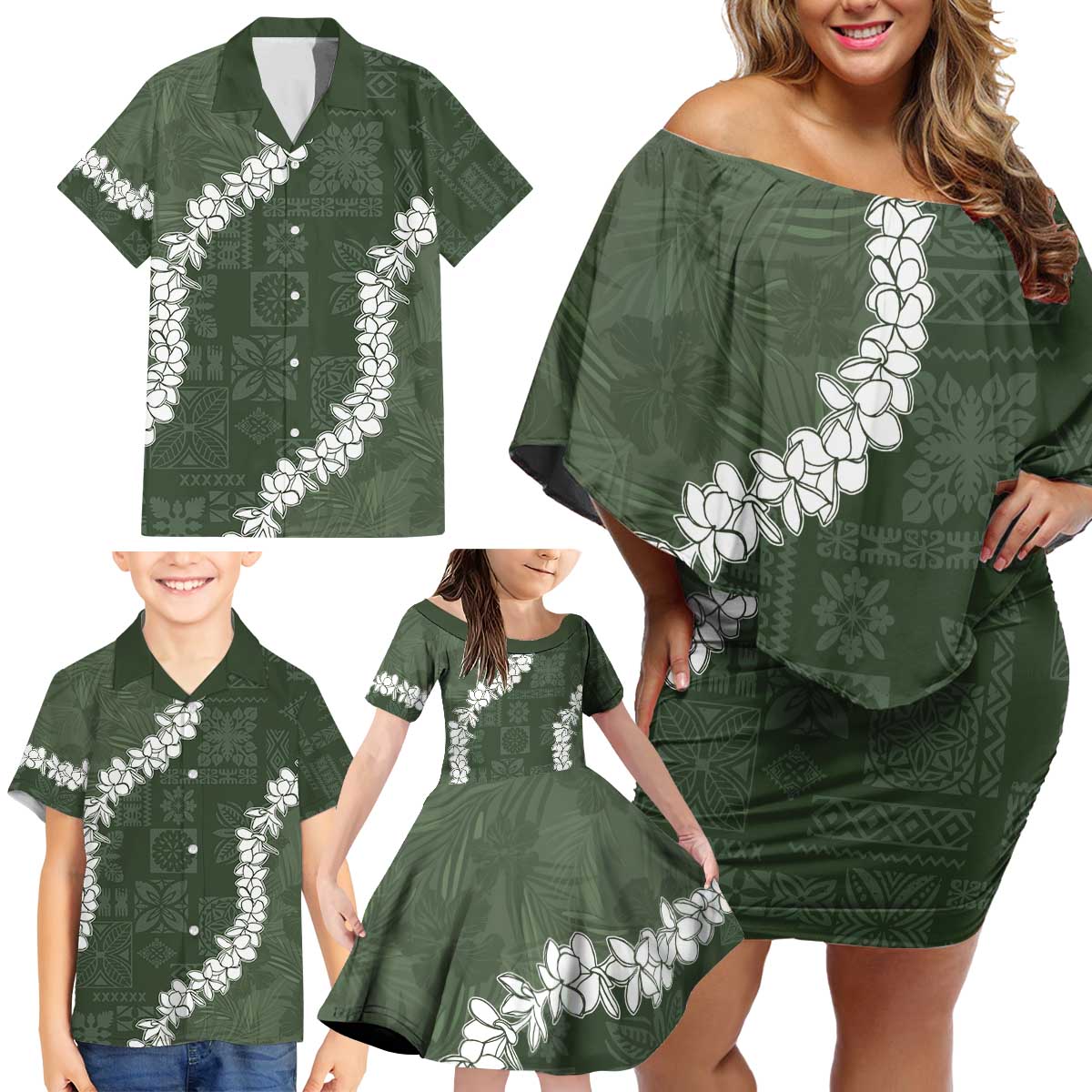 Hawaii Aloha Family Matching Off Shoulder Short Dress and Hawaiian Shirt Sage Quilt Patch Work Mix Plumeria Lei LT7 - Polynesian Pride