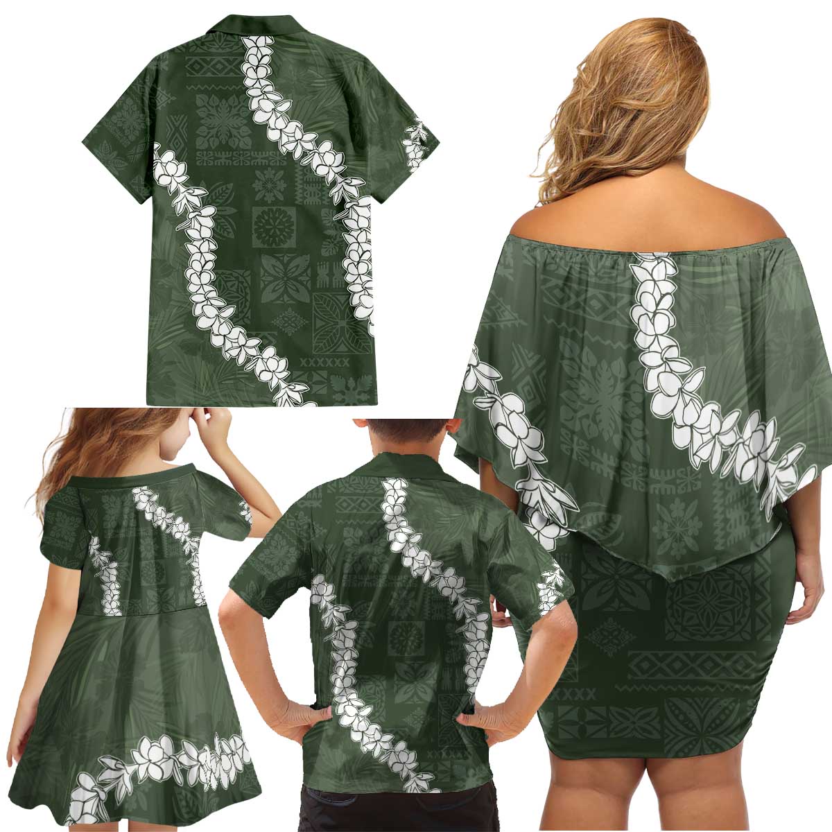 Hawaii Aloha Family Matching Off Shoulder Short Dress and Hawaiian Shirt Sage Quilt Patch Work Mix Plumeria Lei LT7 - Polynesian Pride