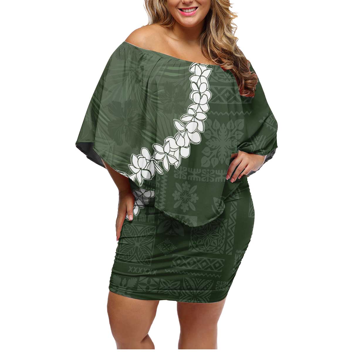 Hawaii Aloha Family Matching Off Shoulder Short Dress and Hawaiian Shirt Sage Quilt Patch Work Mix Plumeria Lei LT7 Mom's Dress Sage - Polynesian Pride