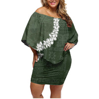 Hawaii Aloha Family Matching Off Shoulder Short Dress and Hawaiian Shirt Sage Quilt Patch Work Mix Plumeria Lei LT7 Mom's Dress Sage - Polynesian Pride