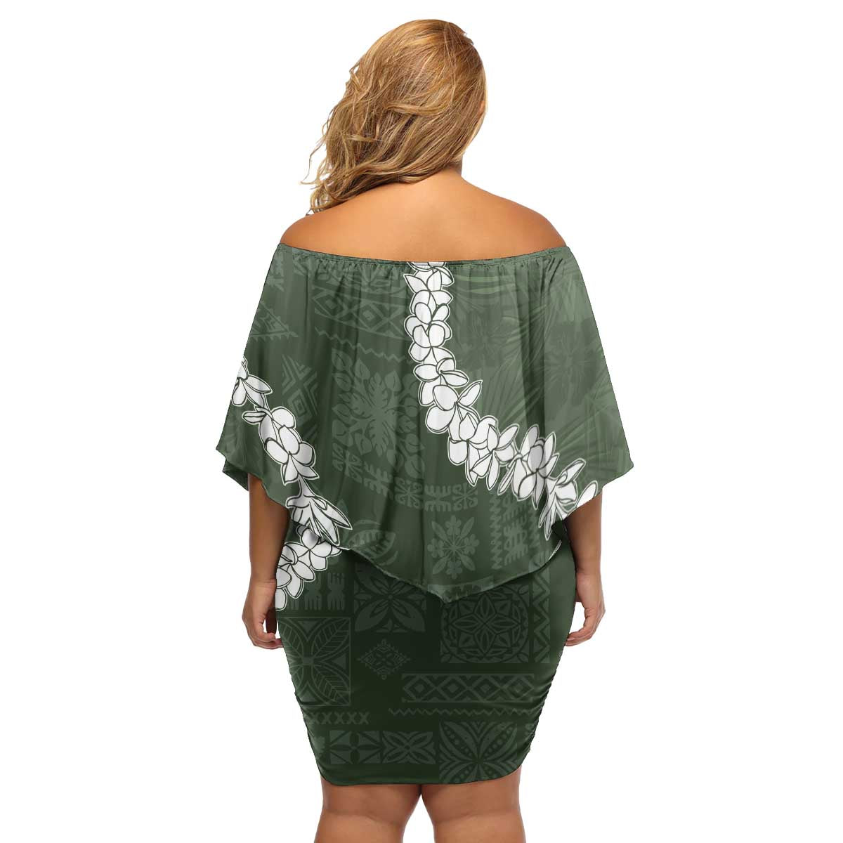 Hawaii Aloha Family Matching Off Shoulder Short Dress and Hawaiian Shirt Sage Quilt Patch Work Mix Plumeria Lei LT7 - Polynesian Pride