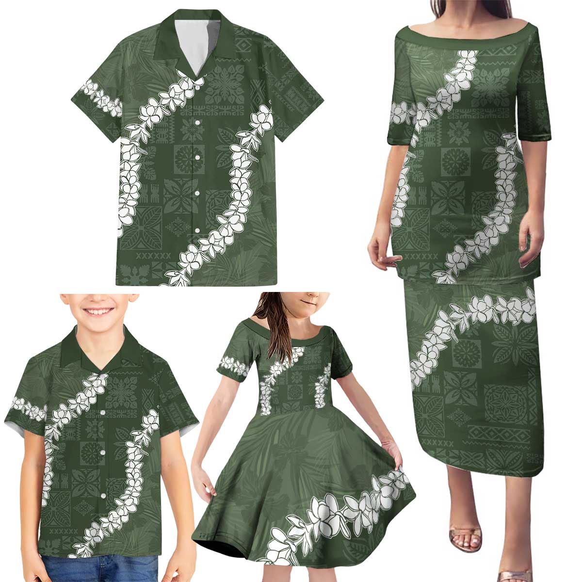 Hawaii Aloha Family Matching Puletasi and Hawaiian Shirt Sage Quilt Patch Work Mix Plumeria Lei LT7 - Polynesian Pride