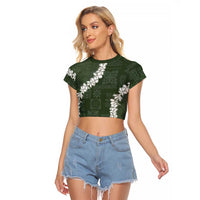 Hawaii Aloha Raglan Cropped T Shirt Sage Quilt Patch Work Mix Plumeria Lei LT7 Female Sage - Polynesian Pride