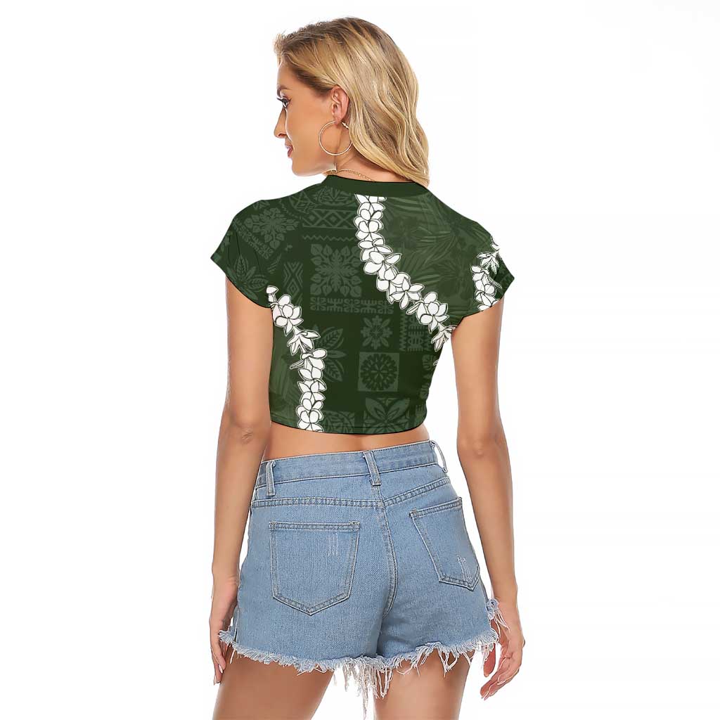 Hawaii Aloha Raglan Cropped T Shirt Sage Quilt Patch Work Mix Plumeria Lei LT7 - Polynesian Pride