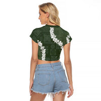 Hawaii Aloha Raglan Cropped T Shirt Sage Quilt Patch Work Mix Plumeria Lei LT7 - Polynesian Pride