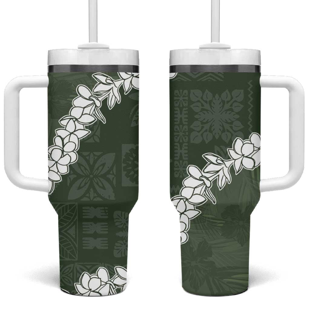 Hawaii Aloha Tumbler With Handle Sage Quilt Patch Work Mix Plumeria Lei LT7 One Size: 40 oz Sage - Polynesian Pride