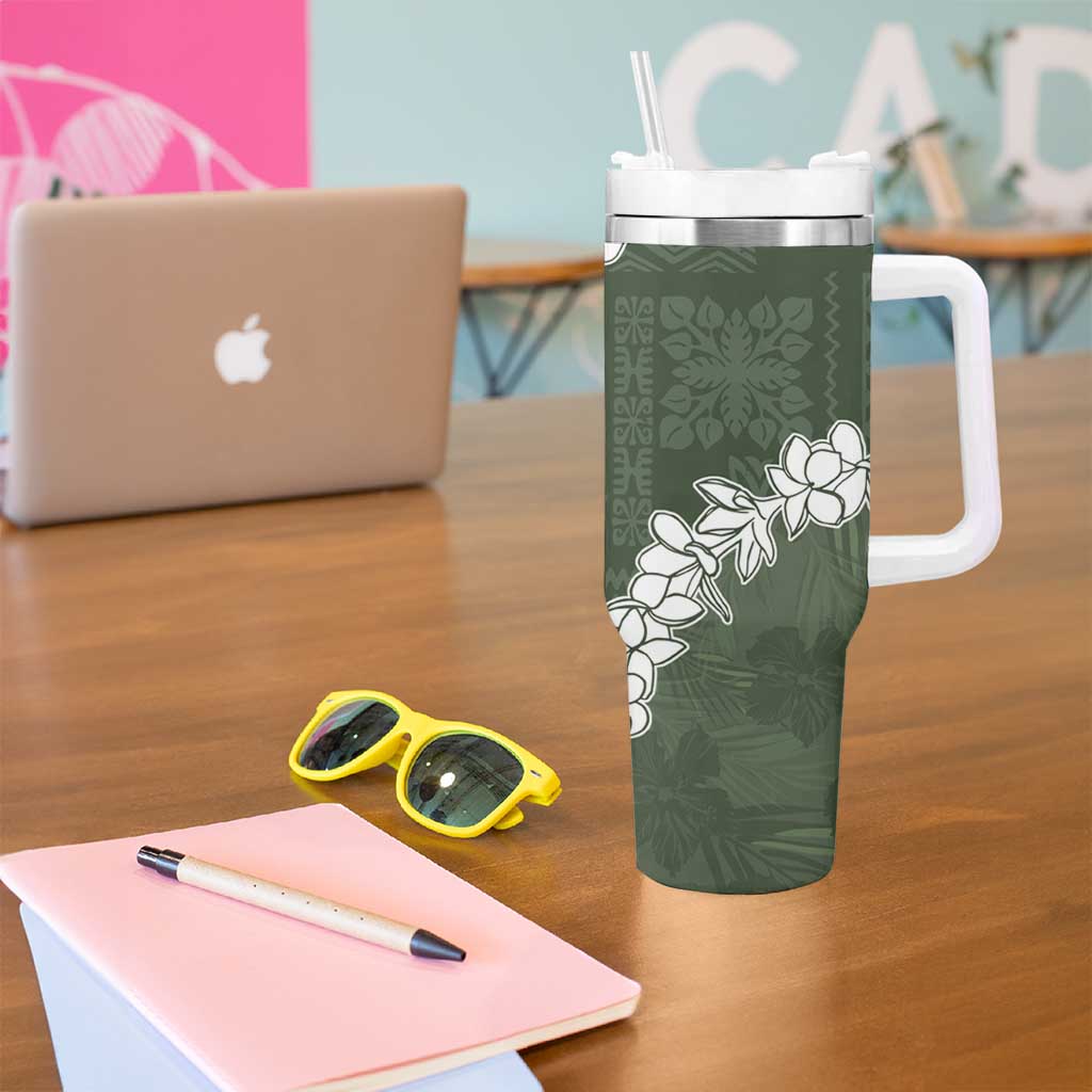 Hawaii Aloha Tumbler With Handle Sage Quilt Patch Work Mix Plumeria Lei LT7 - Polynesian Pride