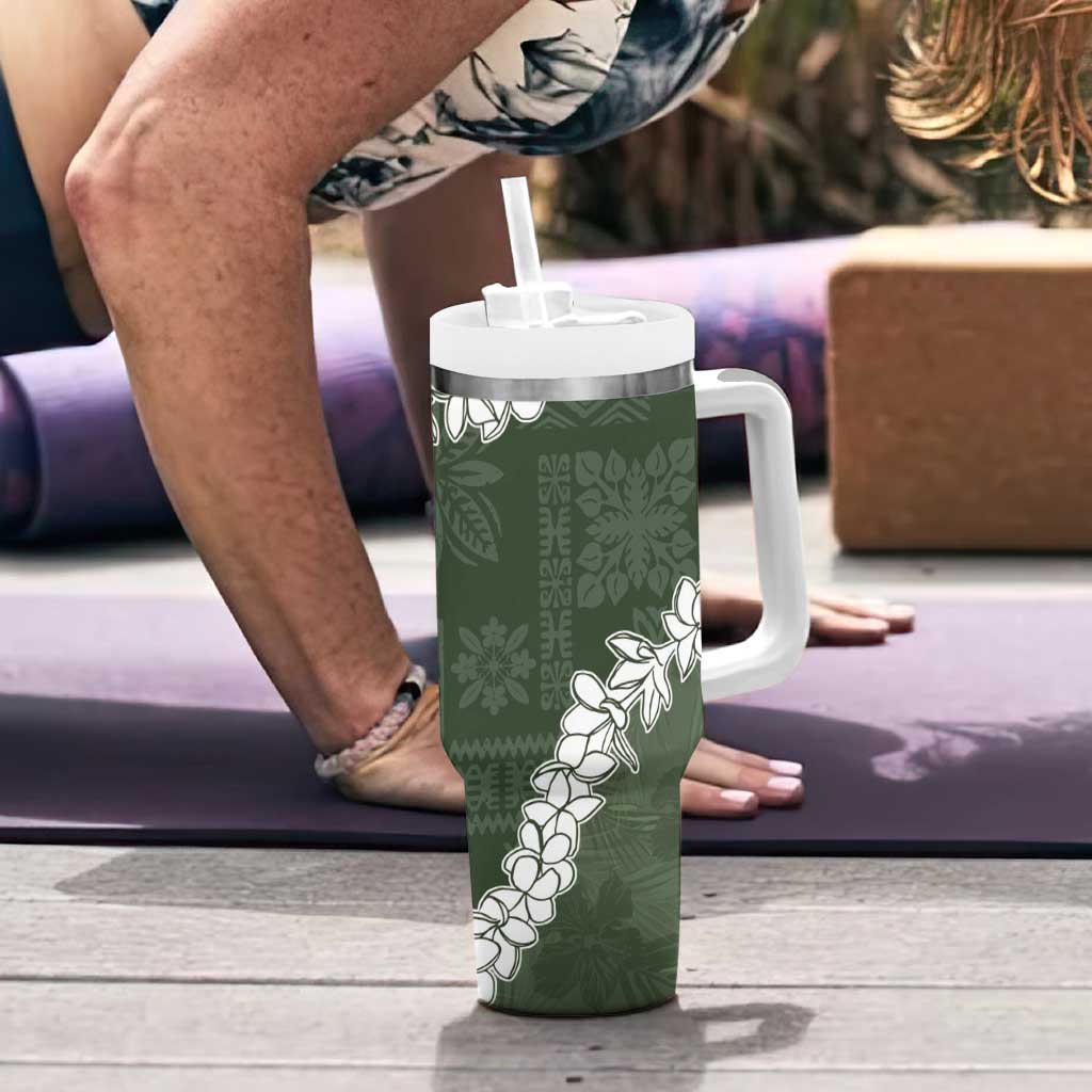 Hawaii Aloha Tumbler With Handle Sage Quilt Patch Work Mix Plumeria Lei LT7 - Polynesian Pride