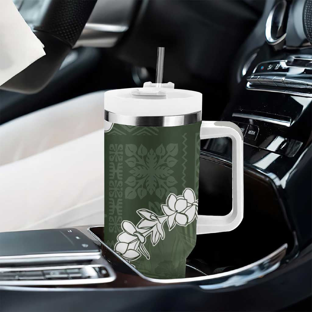Hawaii Aloha Tumbler With Handle Sage Quilt Patch Work Mix Plumeria Lei LT7 - Polynesian Pride