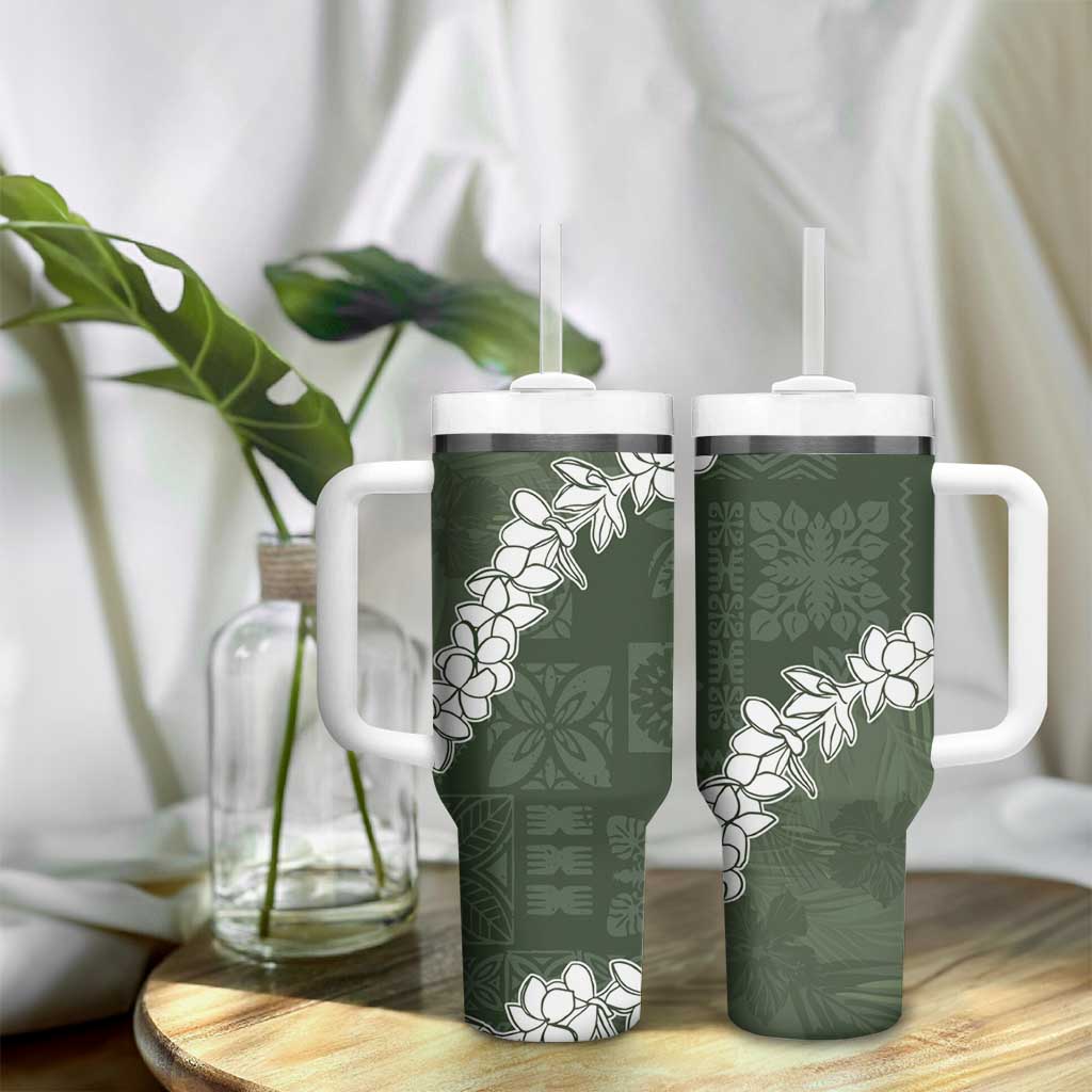 Hawaii Aloha Tumbler With Handle Sage Quilt Patch Work Mix Plumeria Lei LT7 - Polynesian Pride