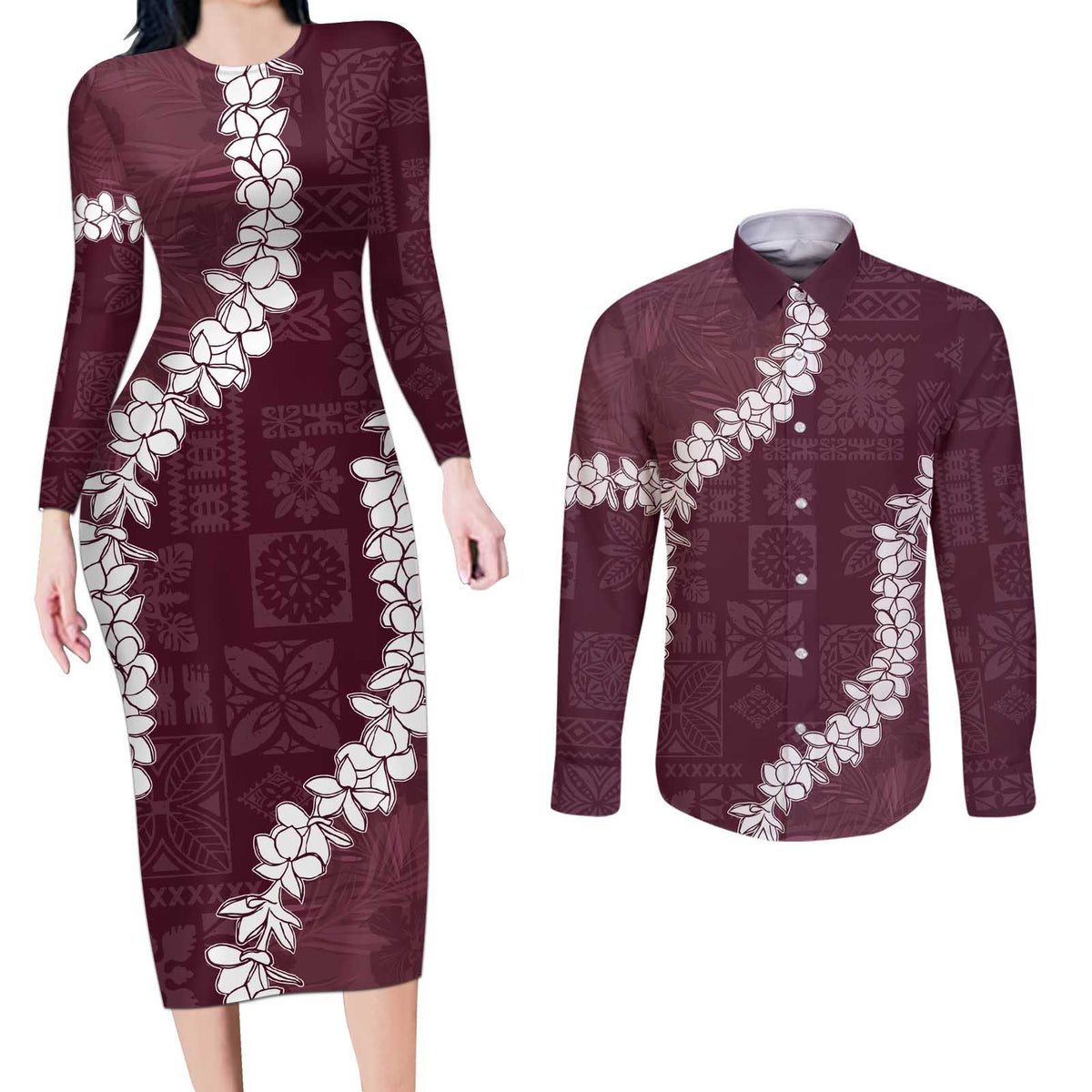 Hawaii Aloha Couples Matching Long Sleeve Bodycon Dress and Long Sleeve Button Shirt Champange Quilt Patch Work Mix Plumeria Lei LT7 Champange - Polynesian Pride