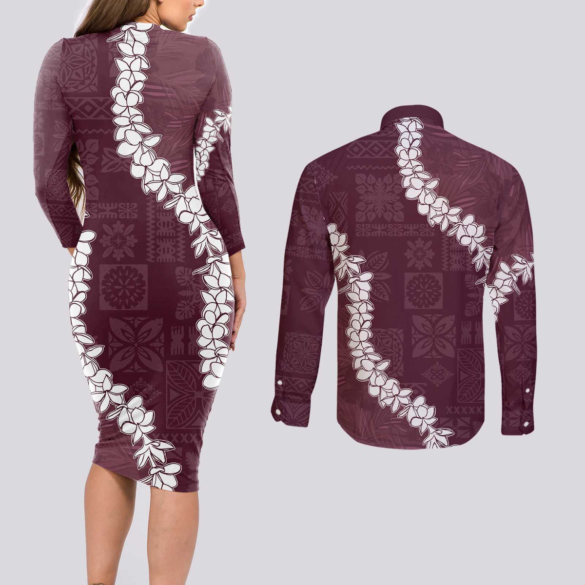 Hawaii Aloha Couples Matching Long Sleeve Bodycon Dress and Long Sleeve Button Shirt Champange Quilt Patch Work Mix Plumeria Lei LT7 - Polynesian Pride