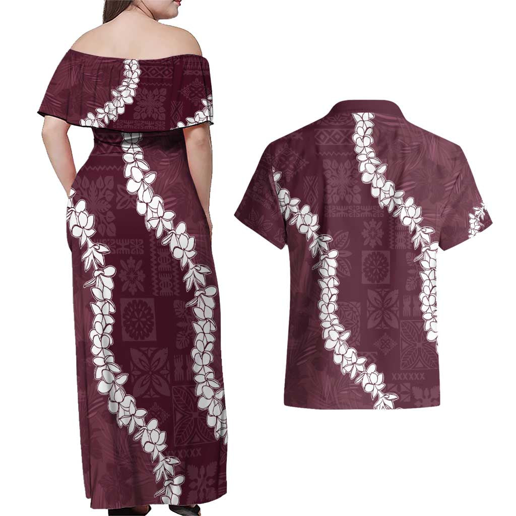 Hawaii Aloha Couples Matching Off Shoulder Maxi Dress and Hawaiian Shirt Champange Quilt Patch Work Mix Plumeria Lei LT7 - Polynesian Pride