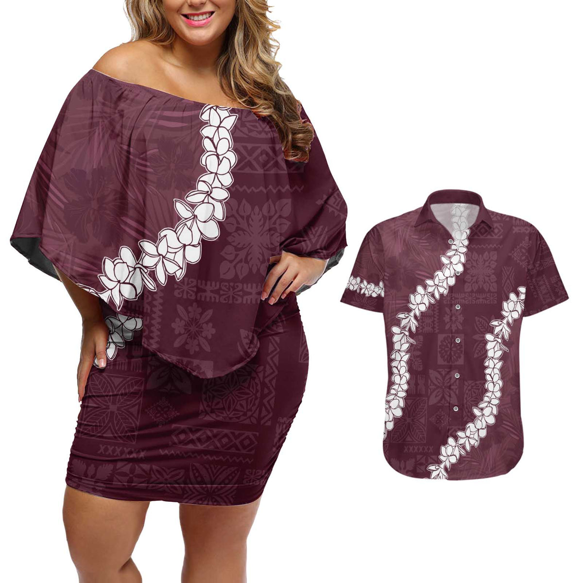 Hawaii Aloha Couples Matching Off Shoulder Short Dress and Hawaiian Shirt Champange Quilt Patch Work Mix Plumeria Lei LT7 Champange - Polynesian Pride