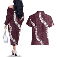 Hawaii Aloha Couples Matching Off The Shoulder Long Sleeve Dress and Hawaiian Shirt Champange Quilt Patch Work Mix Plumeria Lei LT7 - Polynesian Pride
