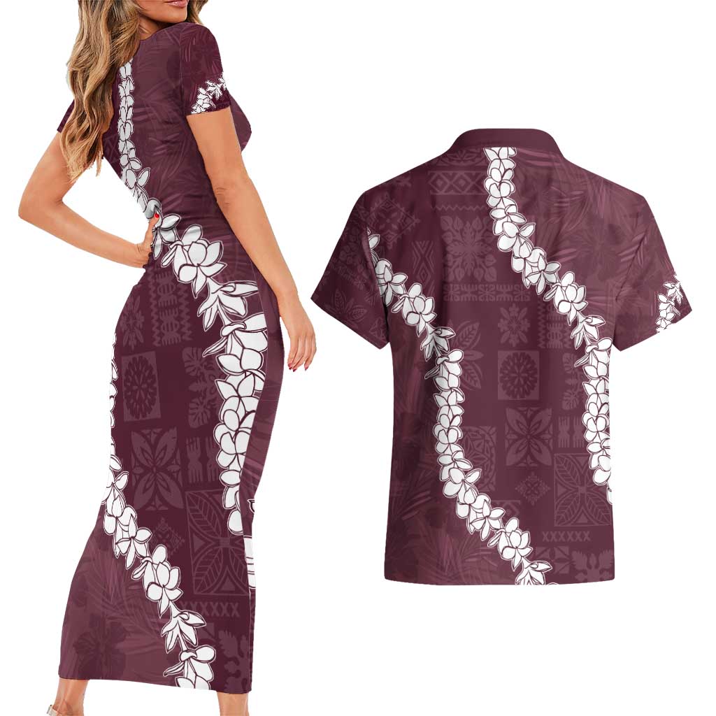 Hawaii Aloha Couples Matching Short Sleeve Bodycon Dress and Hawaiian Shirt Champange Quilt Patch Work Mix Plumeria Lei LT7 - Polynesian Pride