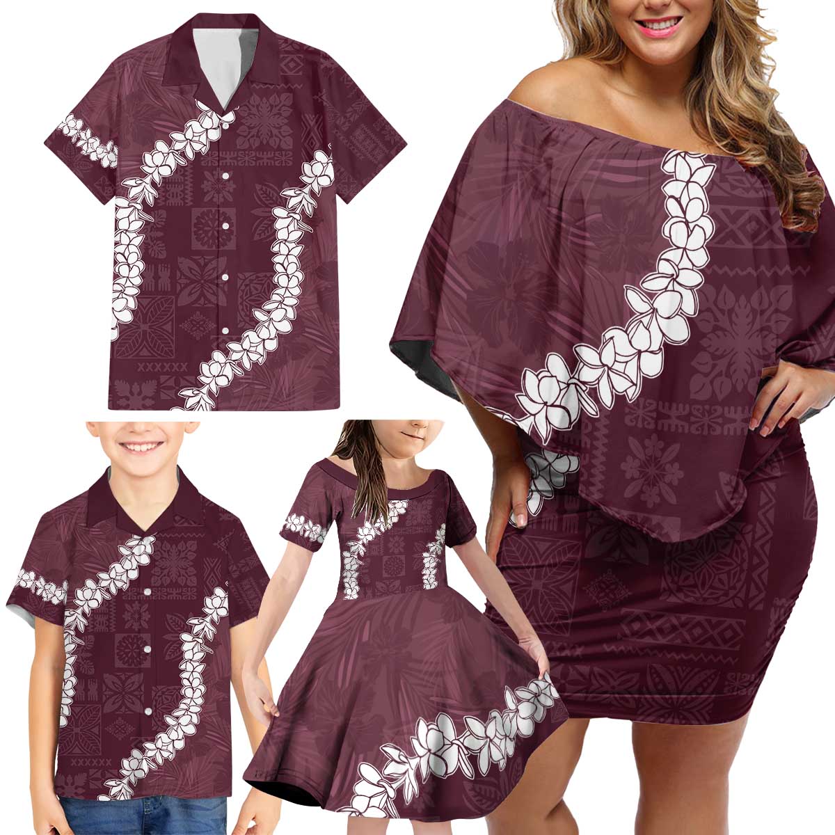 Hawaii Aloha Family Matching Off Shoulder Short Dress and Hawaiian Shirt Champange Quilt Patch Work Mix Plumeria Lei LT7 - Polynesian Pride
