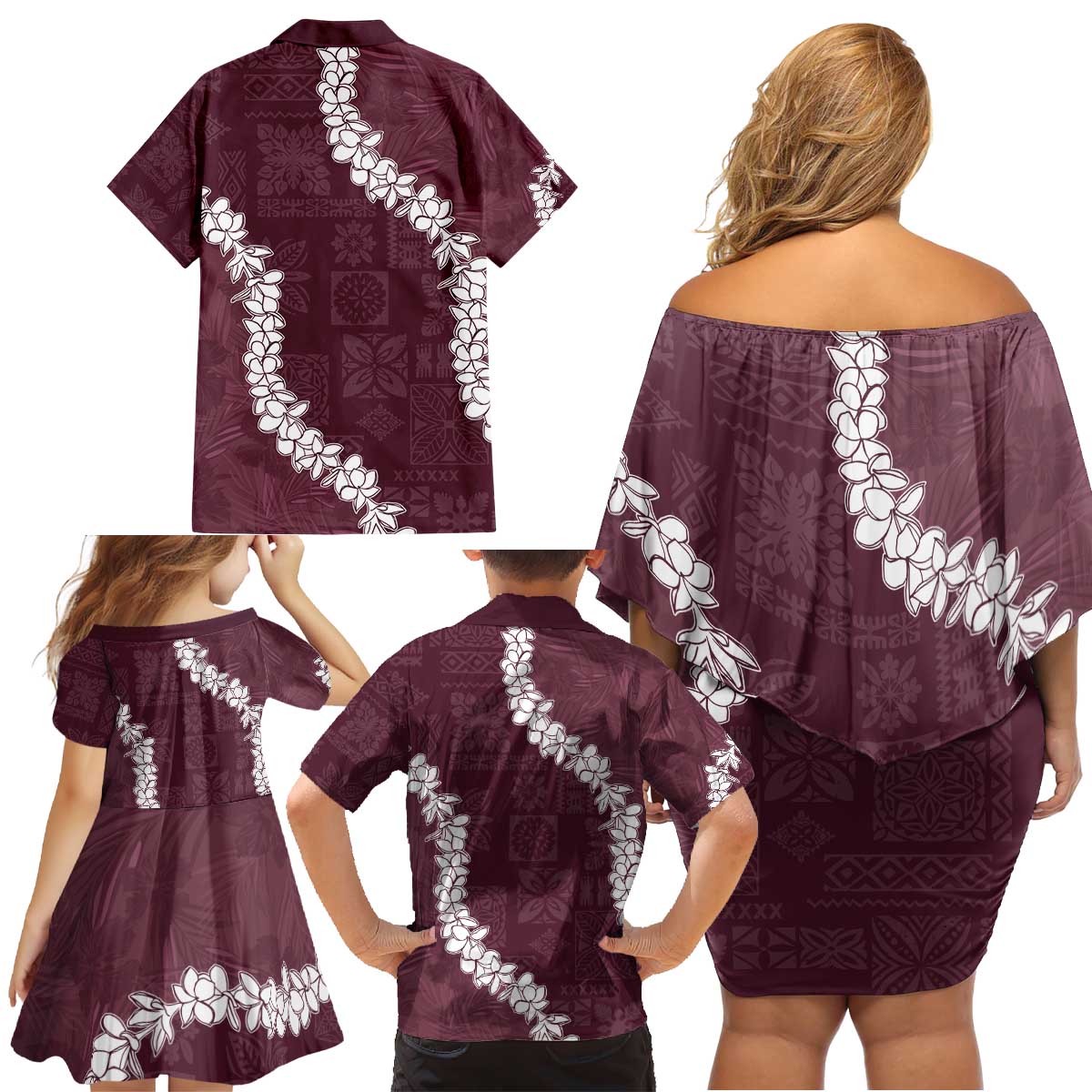 Hawaii Aloha Family Matching Off Shoulder Short Dress and Hawaiian Shirt Champange Quilt Patch Work Mix Plumeria Lei LT7 - Polynesian Pride
