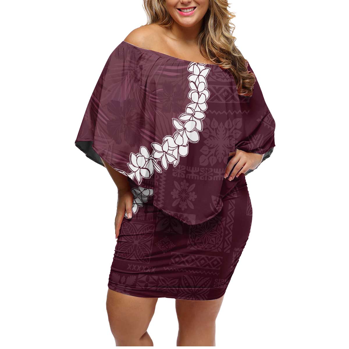 Hawaii Aloha Family Matching Off Shoulder Short Dress and Hawaiian Shirt Champange Quilt Patch Work Mix Plumeria Lei LT7 Mom's Dress Champange - Polynesian Pride