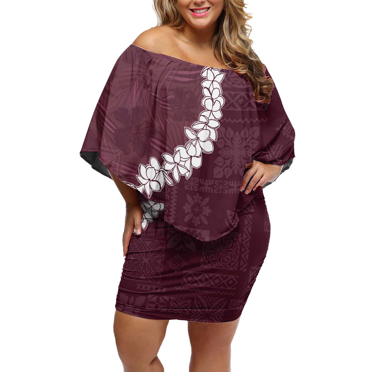 Hawaii Aloha Off Shoulder Short Dress Champange Quilt Patch Work Mix Plumeria Lei LT7 Women Champange - Polynesian Pride
