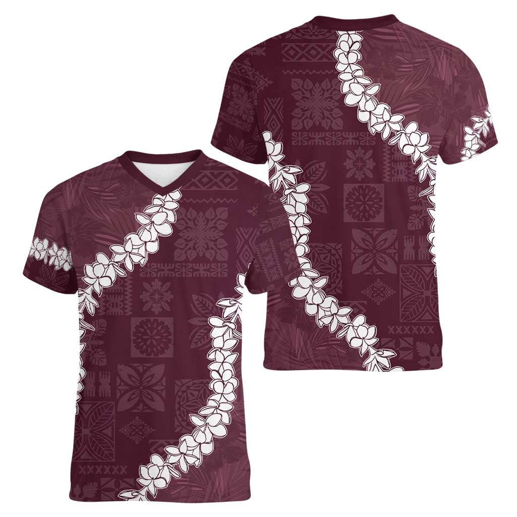 Hawaii Aloha Women V-Neck T-Shirt Champange Quilt Patch Work Mix Plumeria Lei