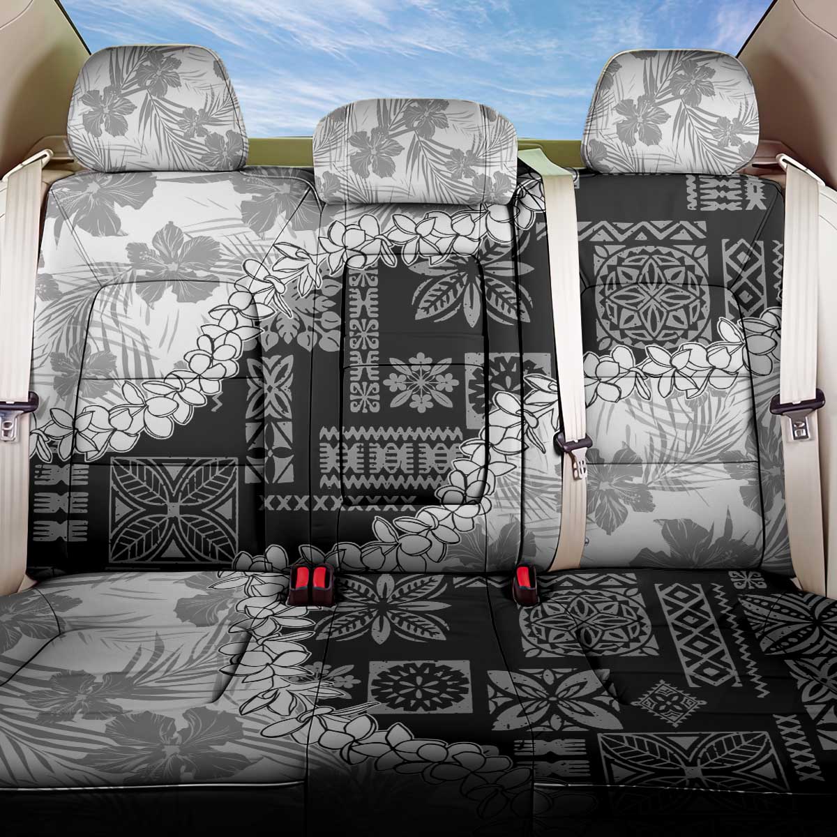 Hawaii Aloha Back Car Seat Cover White Quilt Patch Work Mix Plumeria Lei LT7 One Size White - Polynesian Pride