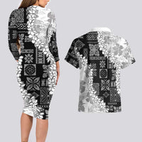 Hawaii Aloha Couples Matching Long Sleeve Bodycon Dress and Hawaiian Shirt White Quilt Patch Work Mix Plumeria Lei LT7 - Polynesian Pride