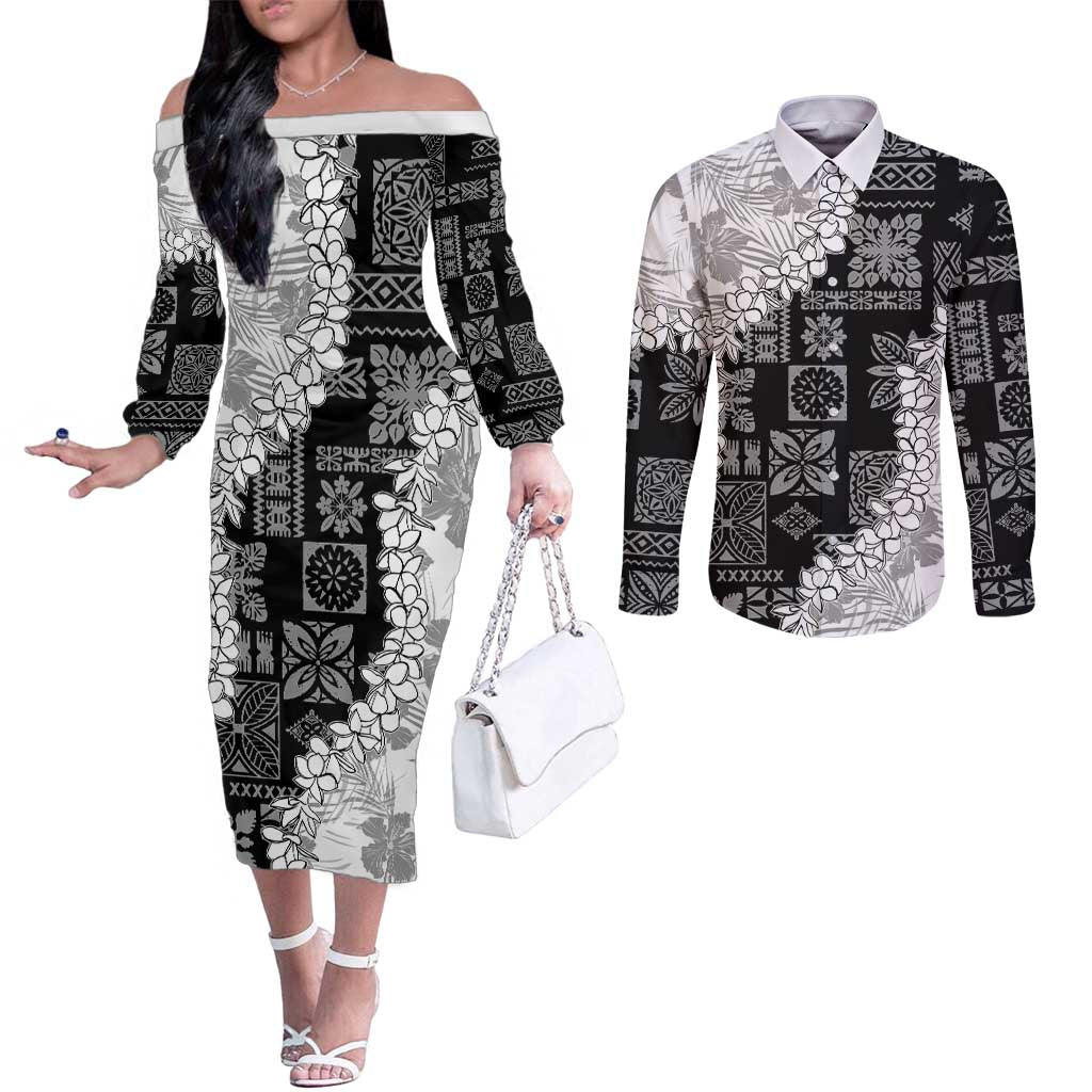 Hawaii Aloha Couples Matching Off The Shoulder Long Sleeve Dress and Long Sleeve Button Shirt White Quilt Patch Work Mix Plumeria Lei LT7 White - Polynesian Pride