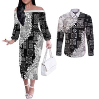 Hawaii Aloha Couples Matching Off The Shoulder Long Sleeve Dress and Long Sleeve Button Shirt White Quilt Patch Work Mix Plumeria Lei LT7 White - Polynesian Pride