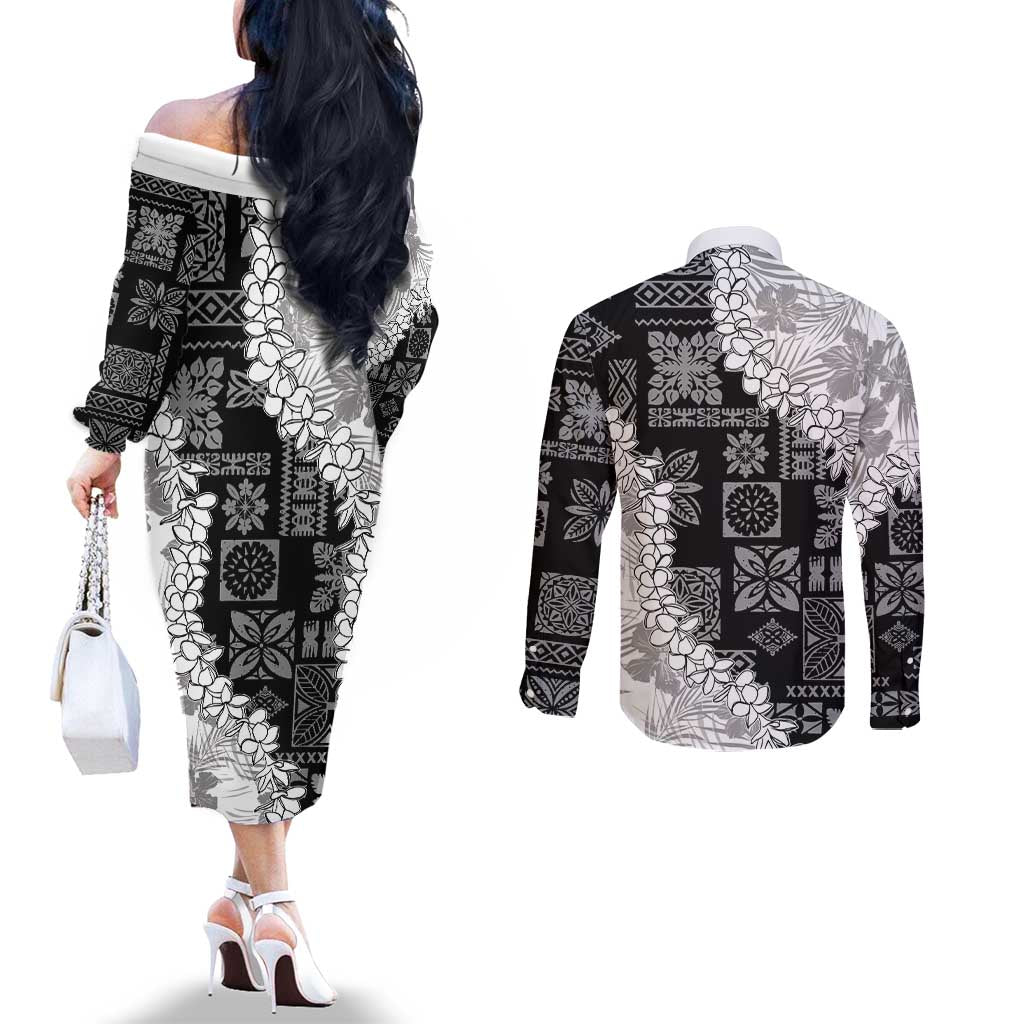 Hawaii Aloha Couples Matching Off The Shoulder Long Sleeve Dress and Long Sleeve Button Shirt White Quilt Patch Work Mix Plumeria Lei LT7 - Polynesian Pride