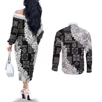 Hawaii Aloha Couples Matching Off The Shoulder Long Sleeve Dress and Long Sleeve Button Shirt White Quilt Patch Work Mix Plumeria Lei LT7 - Polynesian Pride