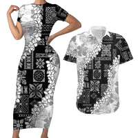 Hawaii Aloha Couples Matching Short Sleeve Bodycon Dress and Hawaiian Shirt White Quilt Patch Work Mix Plumeria Lei LT7 White - Polynesian Pride