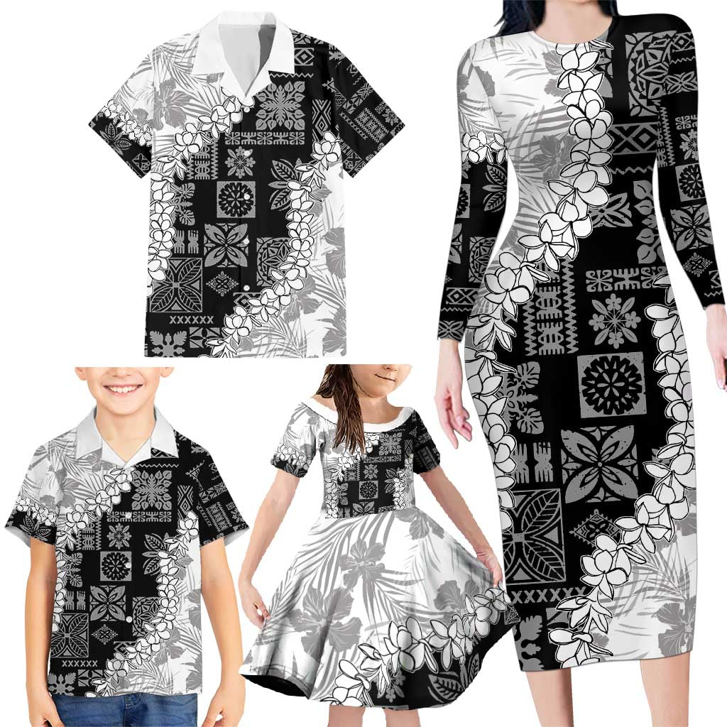 Hawaii Aloha Family Matching Long Sleeve Bodycon Dress and Hawaiian Shirt White Quilt Patch Work Mix Plumeria Lei LT7 - Polynesian Pride